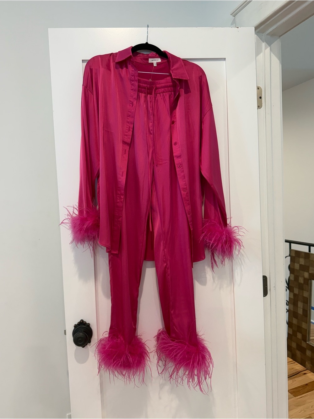 Better Be Pink Satin Feather Pajama Set Size M | Button Down & Pants Co-Ord